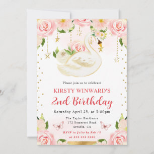 Watercolor Elegant Floral Swan Birthday Invitation