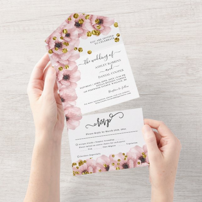 Watercolor Elegant Flowers Gold Wedding All In One Invitation (Tearaway)