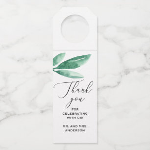 Watercolor elegant green botanical script wedding bottle tag