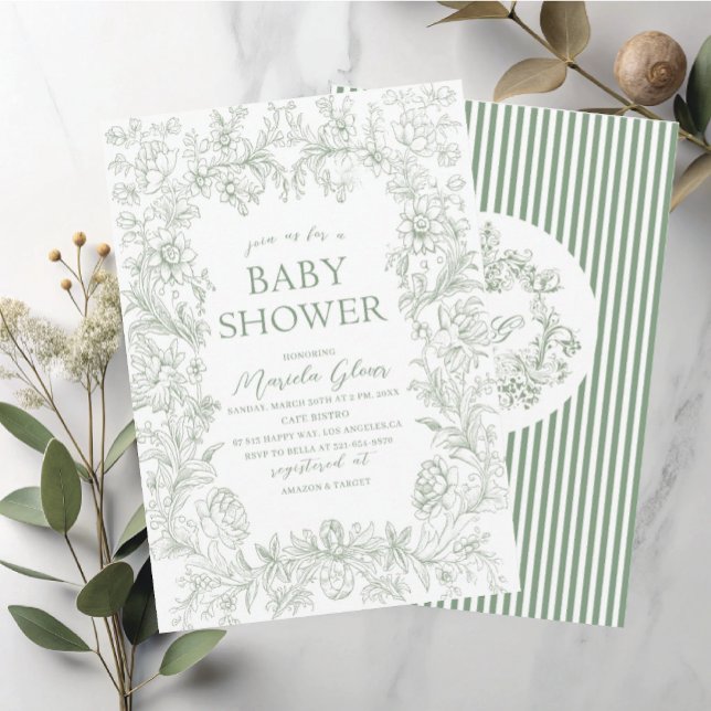 Watercolor elegant green floral chinoiserie  Baby  Invitation (Creator Uploaded)