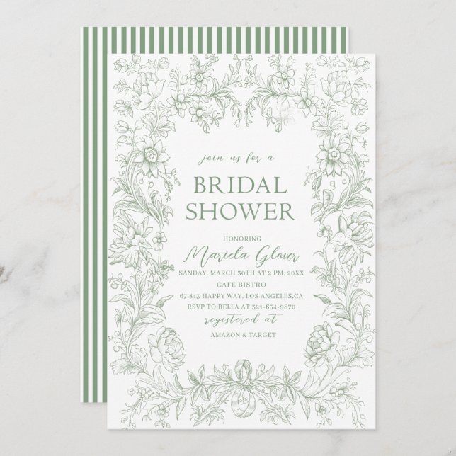 Watercolor elegant green floral chinoiserie  Brida Invitation (Front/Back)