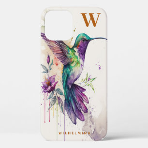 Watercolor Elegant Hummingbird Funny Monogram Name iPhone 12 Case