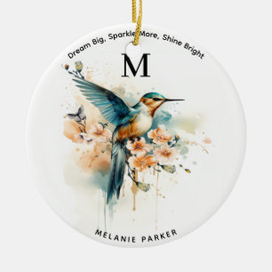 Watercolor Elegant Hummingbird Monogram With Name Ceramic Tree Decoration