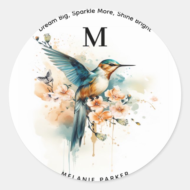 Watercolor Elegant Hummingbird Monogram With Name Classic Round Sticker (Front)