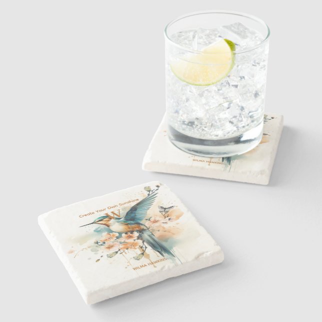 Watercolor Elegant Hummingbird Monogram With Name Stone Coaster (Side)