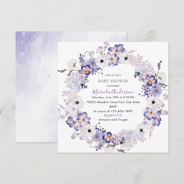 Watercolor elegant lilac flowers baby shower holiday card (Front/Back)
