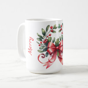 Watercolor elegant mistletoe with red ribbon coffee mug