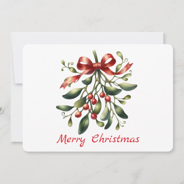 Watercolor elegant mistletoe with red ribbon holiday card (Front)