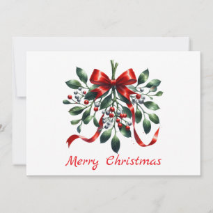 Watercolor elegant mistletoe with red ribbon holiday card