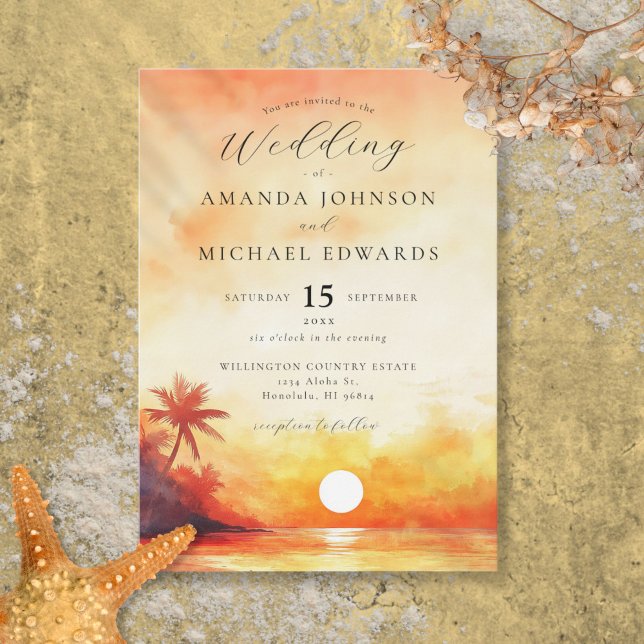 Watercolor Elegant Orange Beach Sunset Wedding Invitation (Watercolor Elegant Orange Beach Sunset Wedding Invitation)