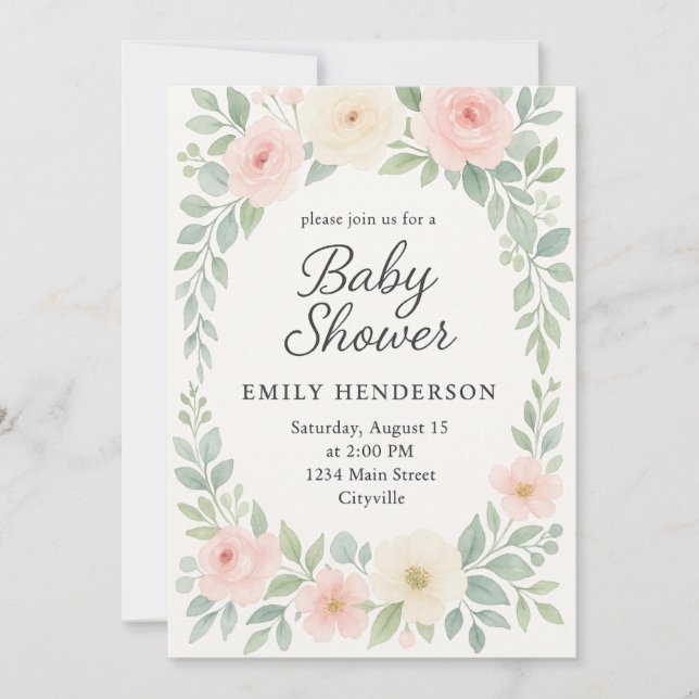 Watercolor Elegant Pastel Floral Baby Shower Invitation (Front)