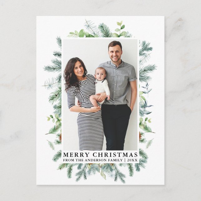 Watercolor Elegant Pine Frame Family Christmas Postcard (Front)