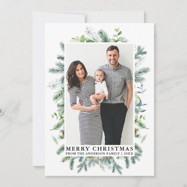 Watercolor Elegant Pine Frame Family Photo Holiday Card (Front)