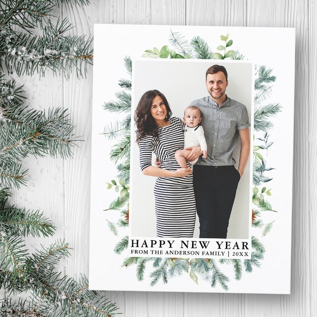 Watercolor Elegant Pine Frame Happy New Year Photo Postcard (Customize to change text size or text style.)