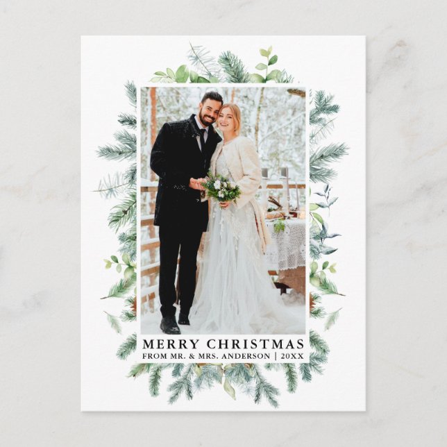 Watercolor Elegant Pine Frame Wedding Christmas Postcard (Front)