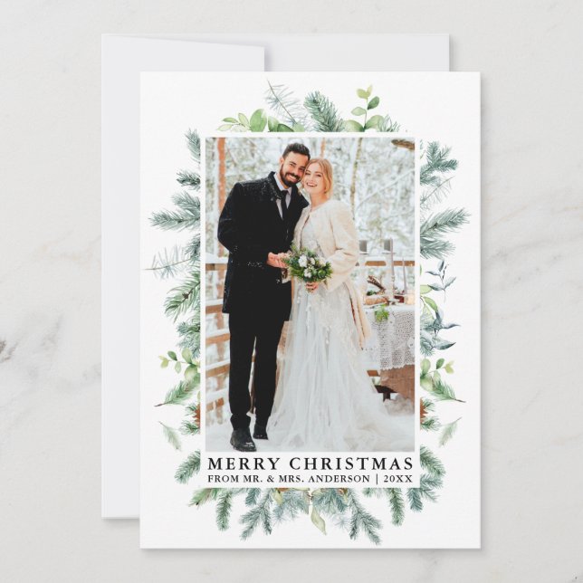Watercolor Elegant Pine Frame Wedding Photo Holiday Card (Front)