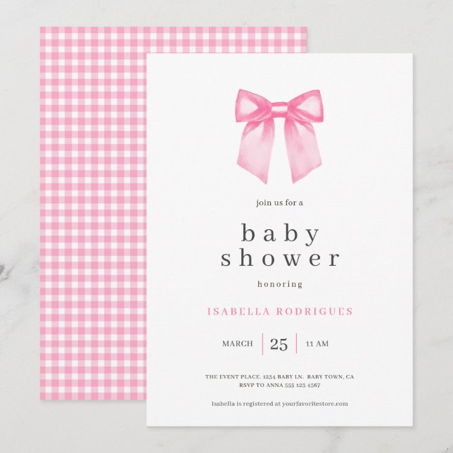 Watercolor Elegant Pink Bow Baby Shower Invitation (Front/Back)