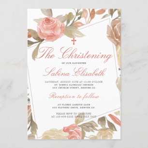 Watercolor Elegant Pink Floral Christening Invitation