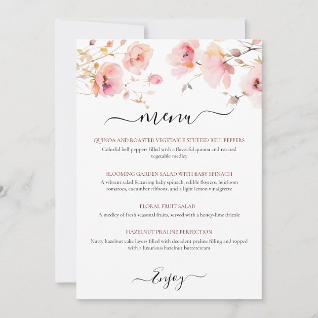 WATERCOLOR ELEGANT PINK FLOWERS MENU CARD (Front)
