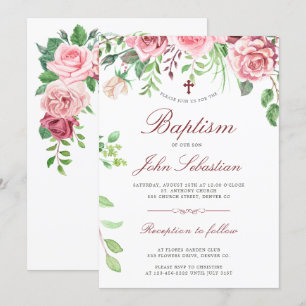 Watercolor Elegant Pink Roses Garden Baptism Invitation