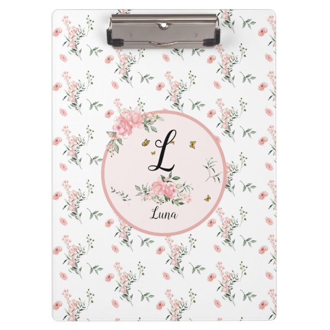 Watercolor Elegant Pink Roses with Butterflies Clipboard (Front)