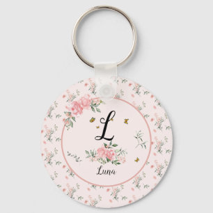 Watercolor Elegant Pink Roses with Butterflies Key Ring