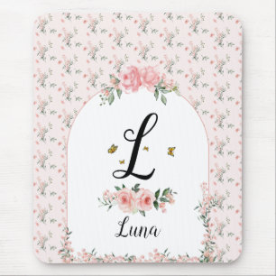 Watercolor Elegant Pink Roses with Butterflies Mouse Mat