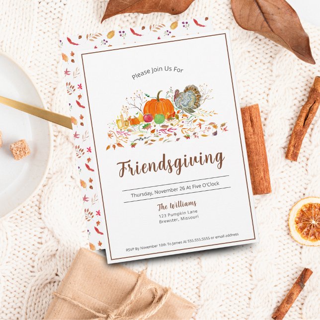 Watercolor Elegant Pumpkin, Turkey Friendsgiving  Invitation (Festive Fall Watercolor: Warm Tones, Autumn Elements, Easy Customization, Gratitude Celebration.)