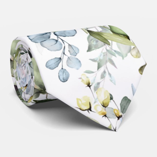 Watercolor Elegant Rustic Blue Gum Eucalyptus Tie (Rolled)