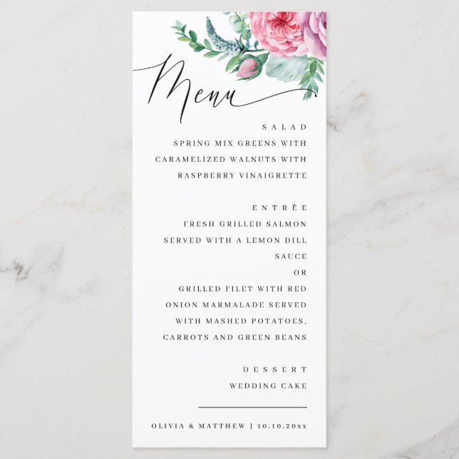 Watercolor elegant script floral boho wedding menu (Front)