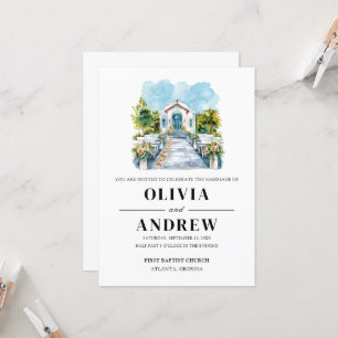 Watercolor Elegant Simple Catholic Chapel Wedding Invitation
