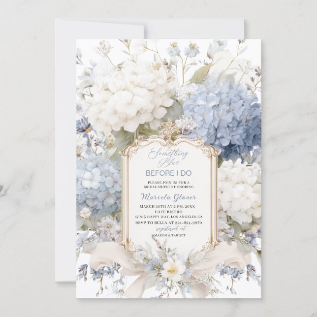 Watercolor Elegant  Something Blue Bridal Shower Invitation (Front)