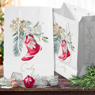 Watercolor Elegant Stocking Name Script Holiday Medium Gift Bag