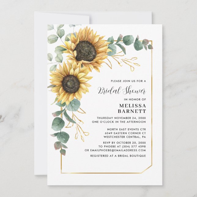 Watercolor Elegant Sunflower Floral Bridal Shower Invitation (Front)
