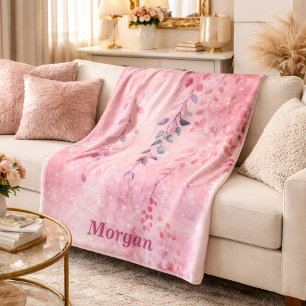 Watercolor Elegant Vines with Pink Background Fleece Blanket
