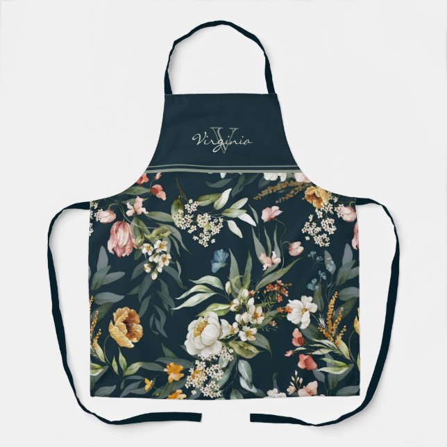 Watercolor Elegant Vintage Floral Name and Initial Apron (Front)