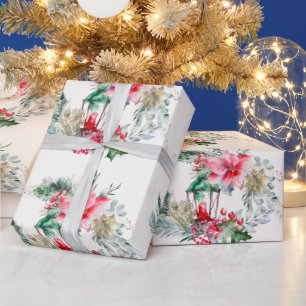 Watercolor Elegant Vintage Lantern Christmas Tree Wrapping Paper