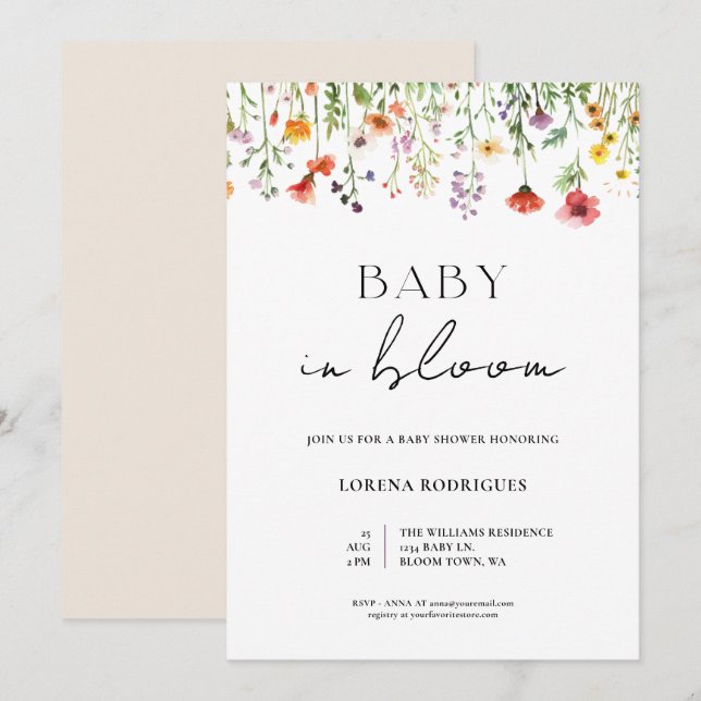 Watercolor Elegant Wildflower Baby in Bloom Shower Invitation (Front/Back)