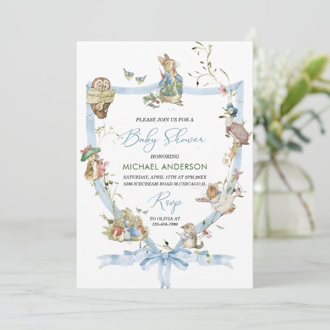 Watercolor Elegant Wildflower Peter Rabbit Baby Sh Invitation (Standing Front)