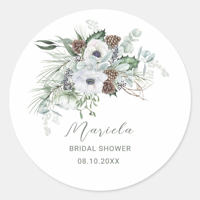 Watercolor Elegant Winter Anemones Flowers Bridal  Classic Round Sticker (Front)