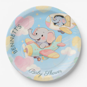 Watercolor Elephant Airplane Baby Shower Plate