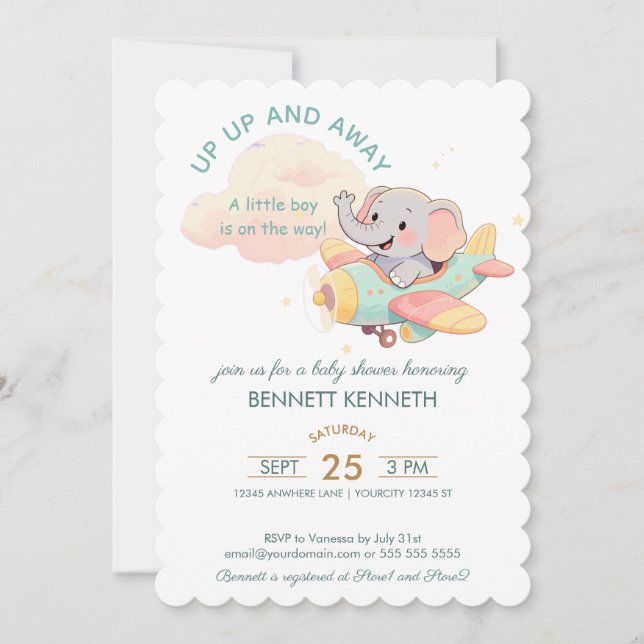 Watercolor Elephant Airplane Boy Invitation (Front)