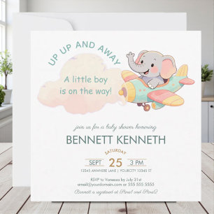 Watercolor Elephant Airplane Boy Invitation