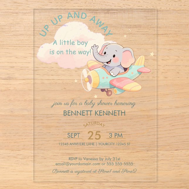 Watercolor Elephant Airplane Boy Invitation (Front)
