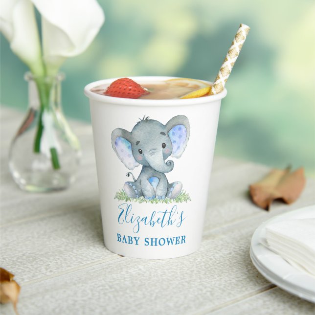 Watercolor Elephant Baby Shower Blue  Paper Cups (Insitu)