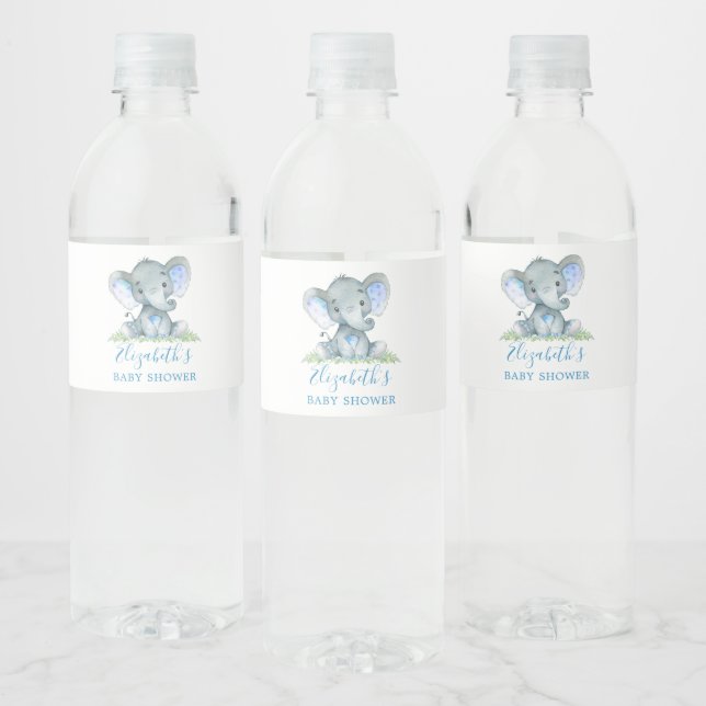 Watercolor Elephant Baby Shower Blue Water Bottle Label (Bottles)