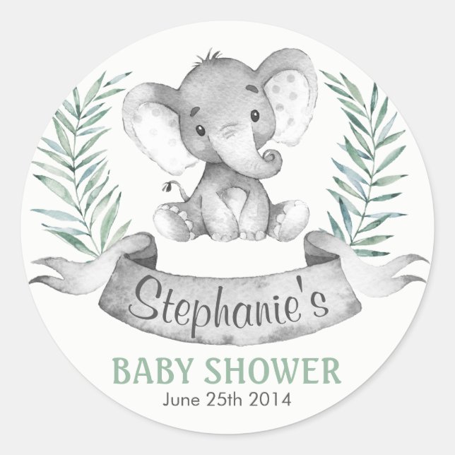 Watercolor Elephant Baby Shower Classic Round Sticker (Front)