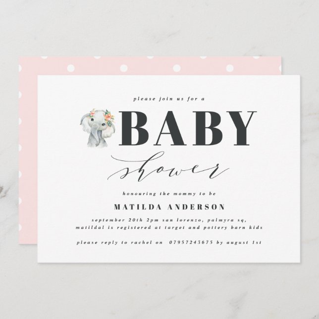 Watercolor elephant baby shower party (Front/Back)