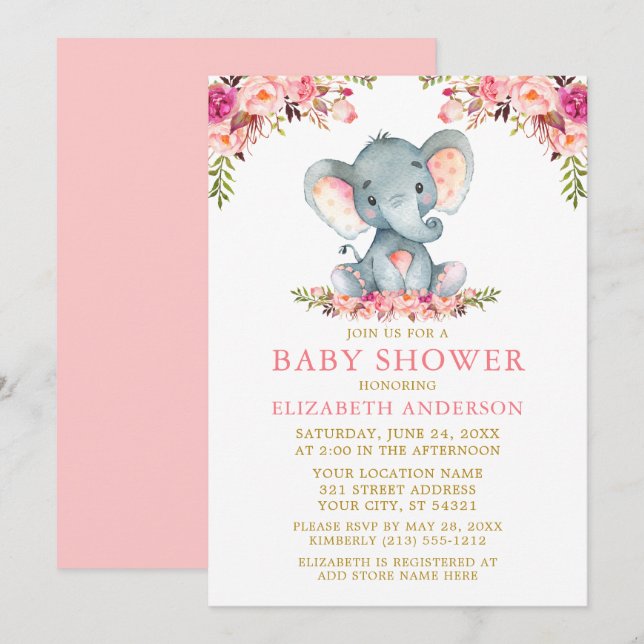 Watercolor Elephant Baby Shower Pink Floral Gold Invitation (Front/Back)