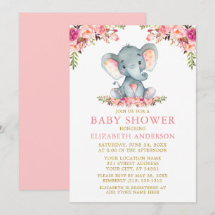 Watercolor Elephant Baby Shower Pink Floral Gold Invitation